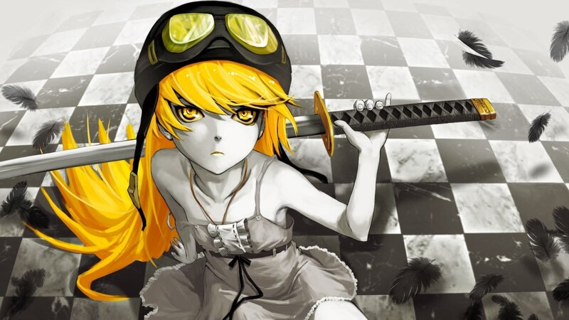 Anime Girl with Sword — Yellow, Dramatic, Digital Art, Goggles, Feathers