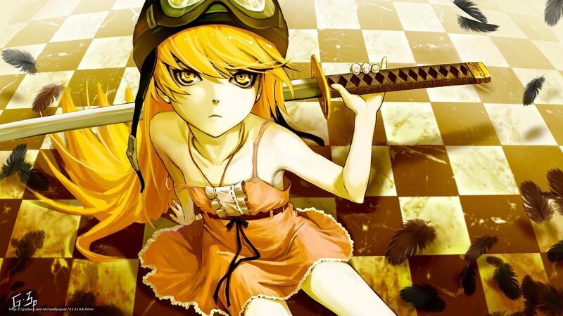 Anime Girl with Sword — Yellow, Dramatic, Feathers