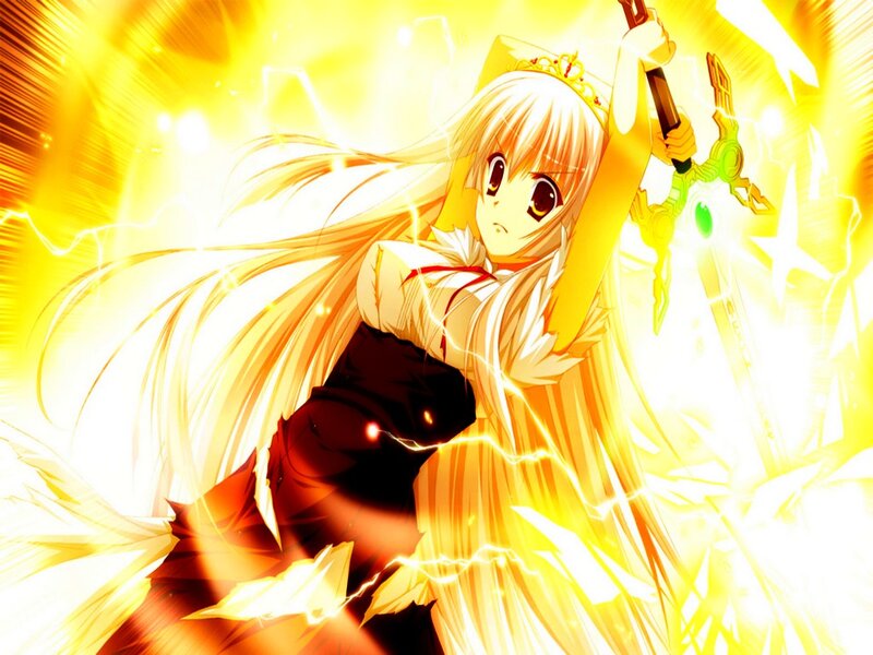 Anime Girl with Sword — Yellow, Dramatic, Lightning