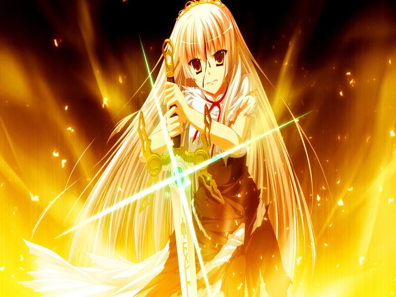 Anime Girl with Sword — Yellow, Dramatic, Long Hair