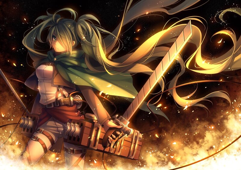 Anime Girl with Sword — Yellow, Dramatic, Night, Digital Art, Cape