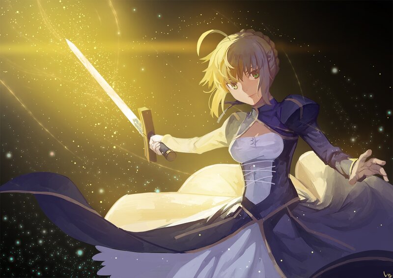 Anime Girl with Sword — Yellow, Dramatic, Night, Digital Art, Dress