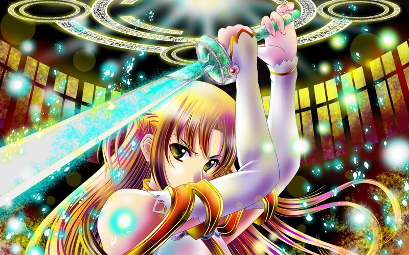 Anime Girl with Sword — Yellow, Dramatic, Night, Magic Circle