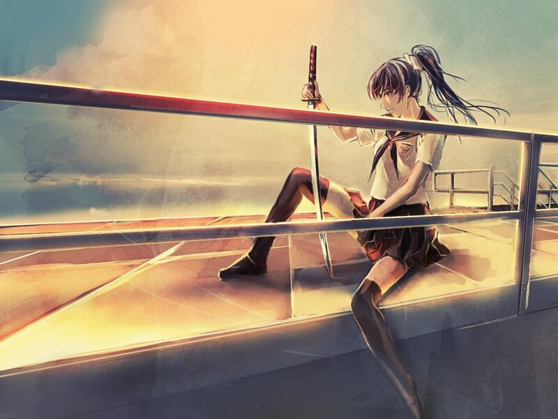 Anime Girl with Sword — Yellow, Dramatic, Sunset, Digital Art