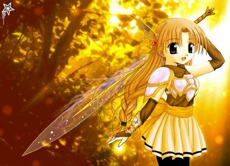 Anime Girl with Sword — Yellow, Dramatic, Sunset, Forest