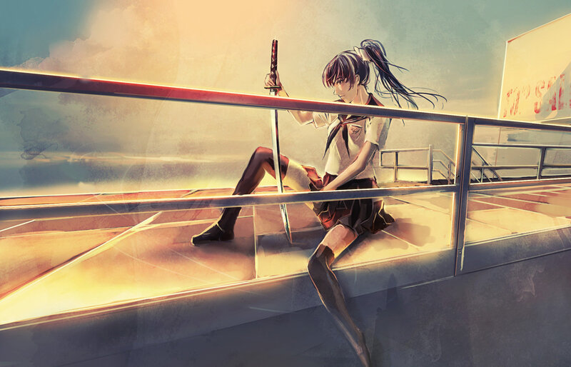 Anime Girl with Sword — Yellow, Dramatic
