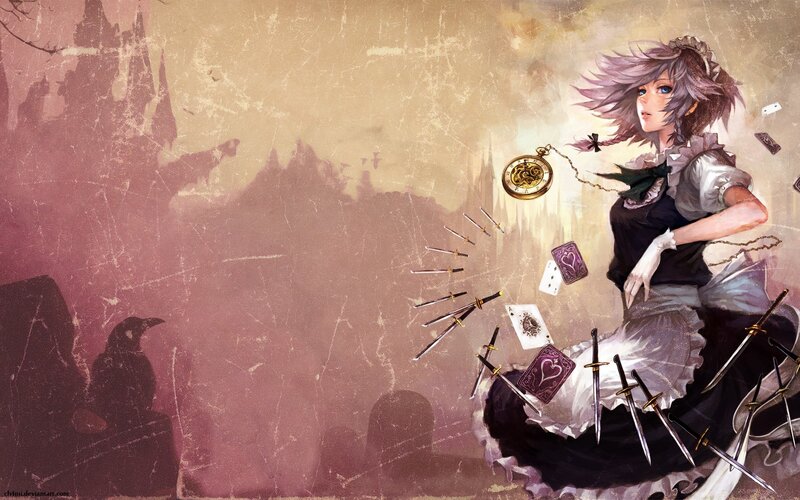 anime girl with swords and cards