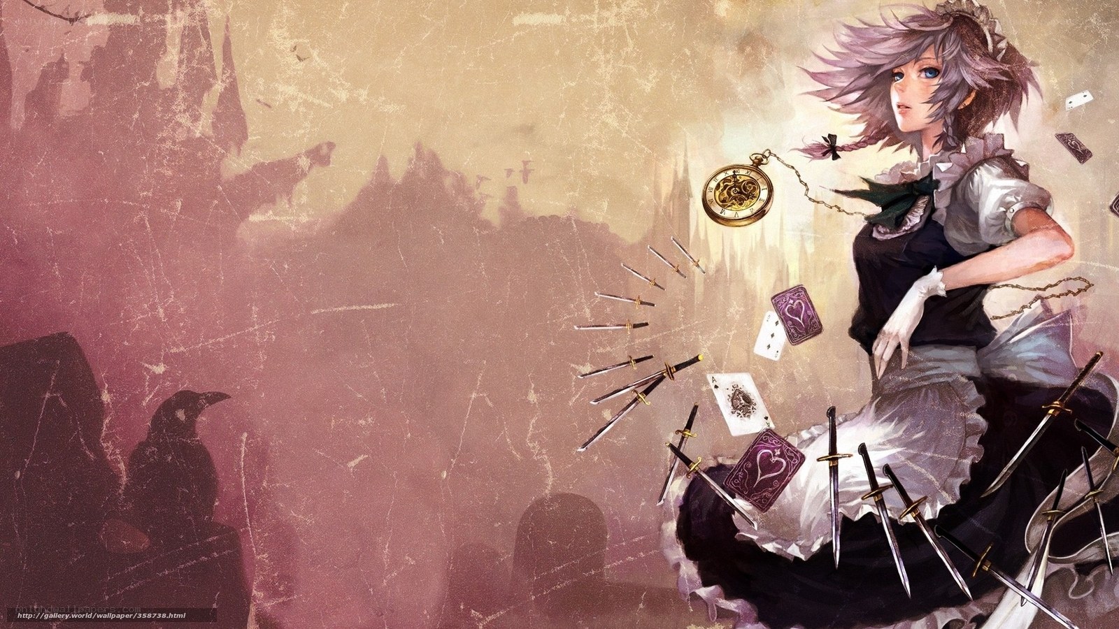 anime girl with swords and cards