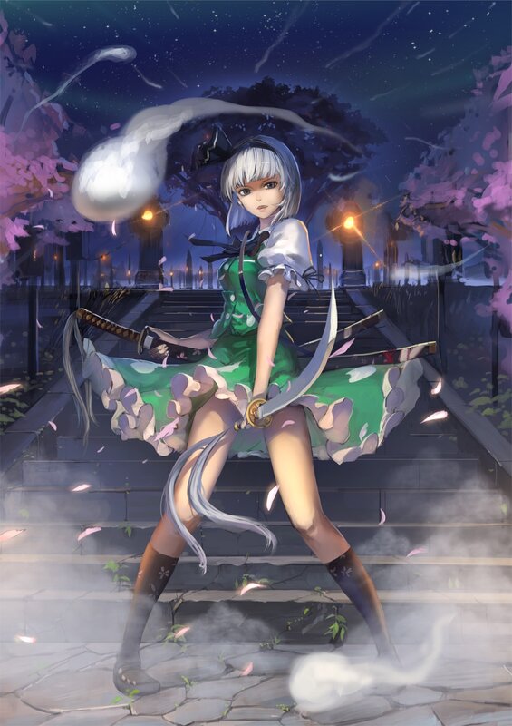 Anime girl with swords at night