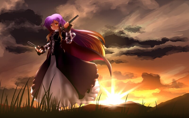 anime girl with swords at sunset
