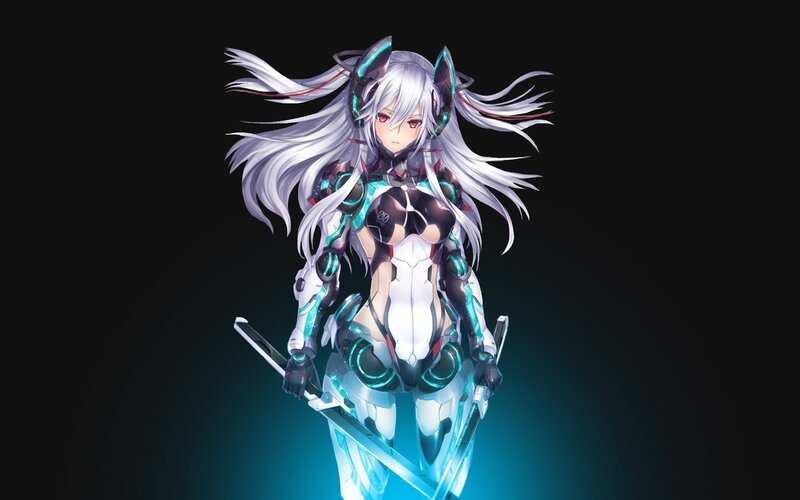 Anime Girl with Swords — Black, Dramatic, Digital Art, Cat Ears, Mecha Suit