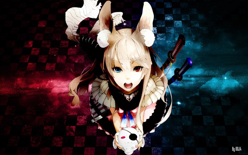 Anime Girl with Swords — Black, Dramatic, Digital Art, Checkered Background