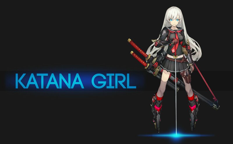 Anime Girl with Swords — Black, Dramatic, Digital Art, Long Hair