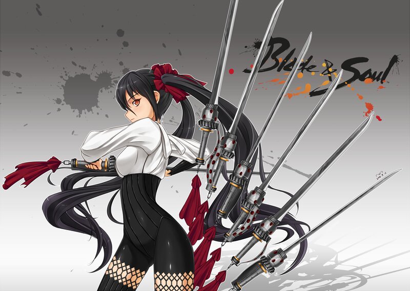 Anime Girl with Swords — Black, Dramatic, Digital Art, Red Ribbon