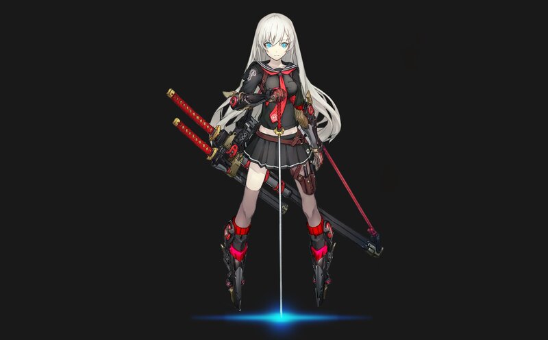 Anime Girl with Swords — Black, Dramatic, Digital Art, Skirt