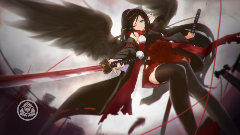 Anime Girl with Swords — Black, Dramatic, Digital Art, Wings