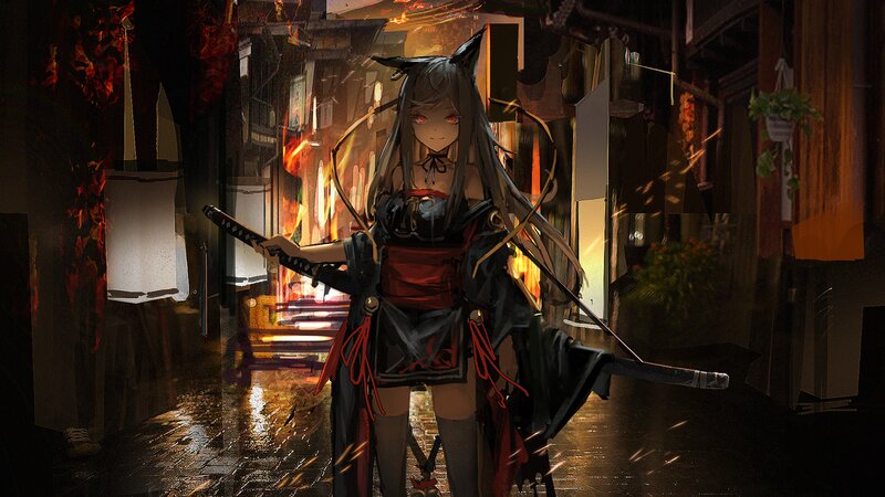 Anime Girl with Swords — Black, Dramatic, Night, Digital Art, Cat Ears