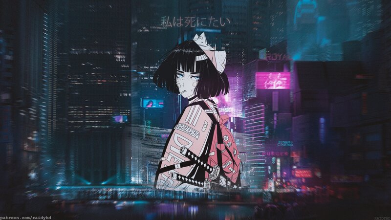 Anime Girl with Swords — Black, Dramatic, Night, Digital Art, Cityscape