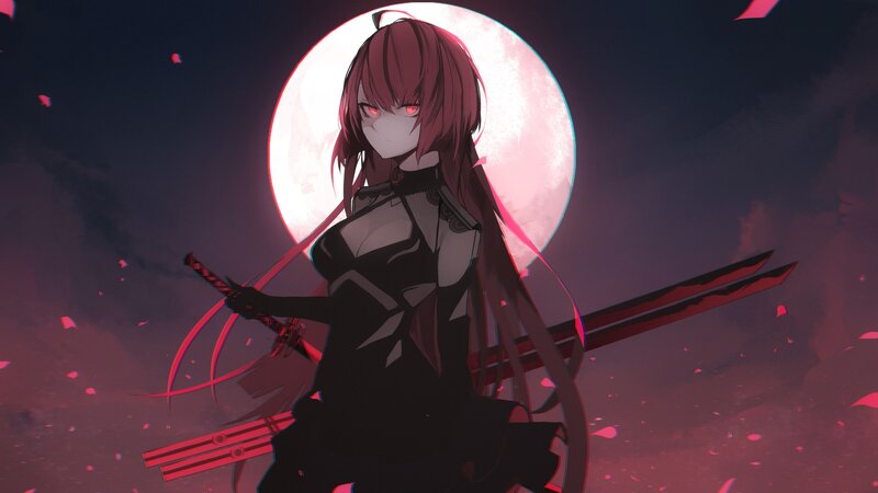 Anime Girl with Swords — Black, Dramatic, Night, Digital Art, Moon, Petals