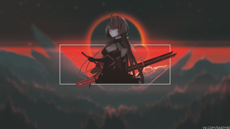 Anime Girl with Swords — Black, Dramatic, Night, Digital Art, Red Eyes