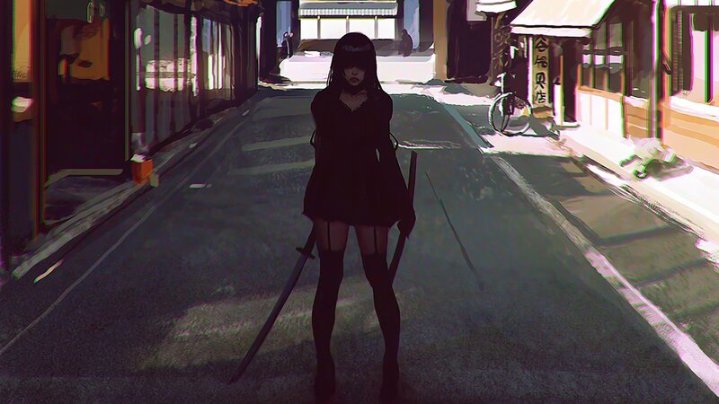 Anime Girl with Swords — Black, Dramatic, Night, Digital Art, Street