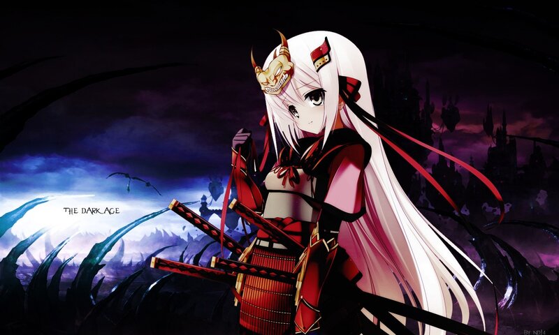 Anime Girl with Swords — Black, Dramatic, Night, Mask