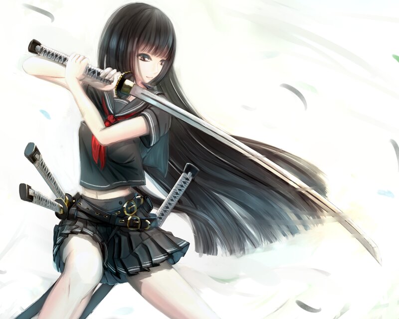 Anime Girl with Swords — Black, Dynamic, Digital Art