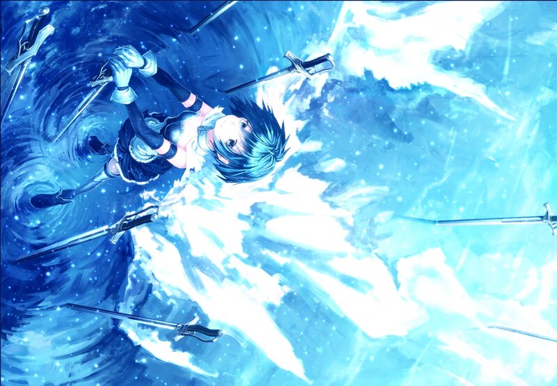 Anime Girl with Swords — Blue, Dramatic, Digital Art, Energy Burst