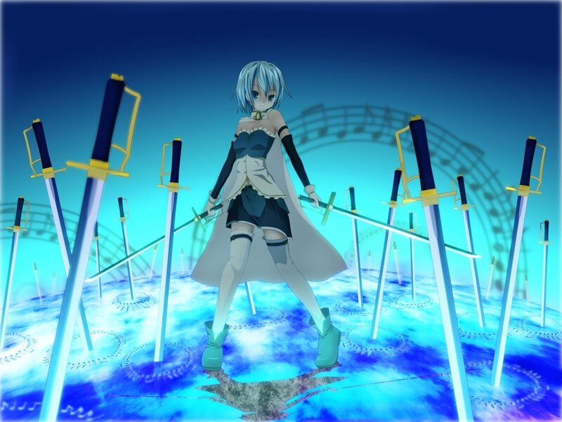 Anime Girl with Swords — Blue, Dramatic, Digital Art