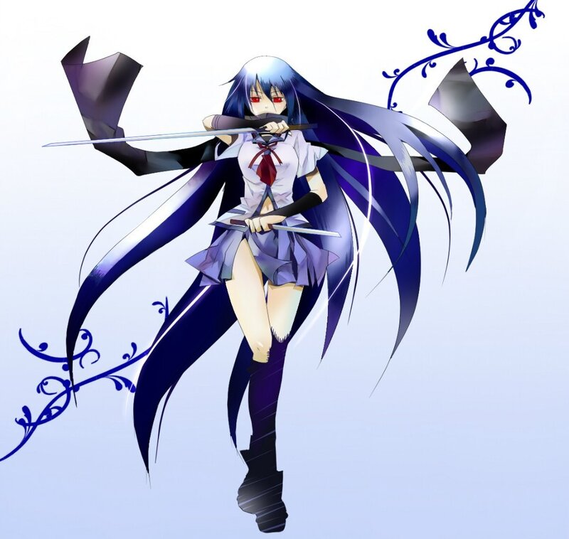 Anime Girl with Swords — Blue, Dramatic, Long Hair, School Uniform