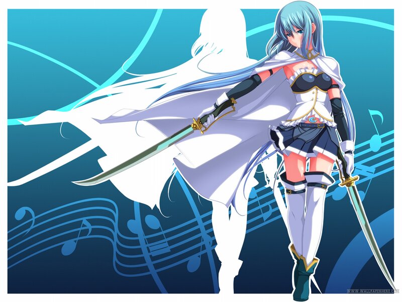 Anime Girl with Swords — Blue, Dramatic, Music Notes, Cape