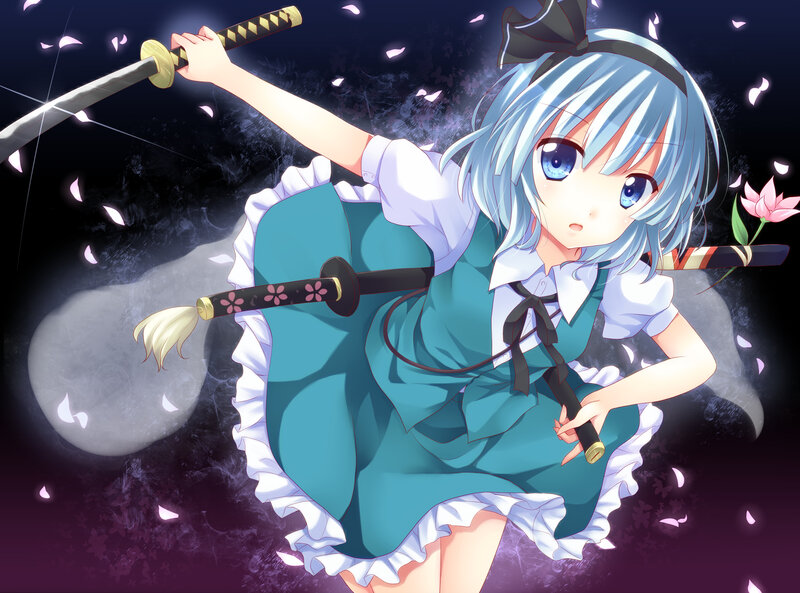Anime Girl with Swords — Blue, Dramatic, Night, Cherry Blossoms