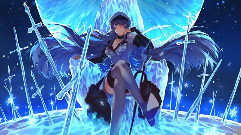 Anime Girl with Swords — Blue, Dramatic, Night, Digital Art, Ice, Snowflakes