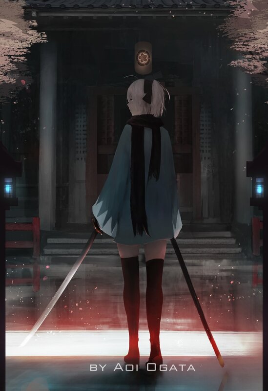 Anime Girl with Swords — Blue, Dramatic, Night, Digital Art, Lantern, Cherry Blossoms