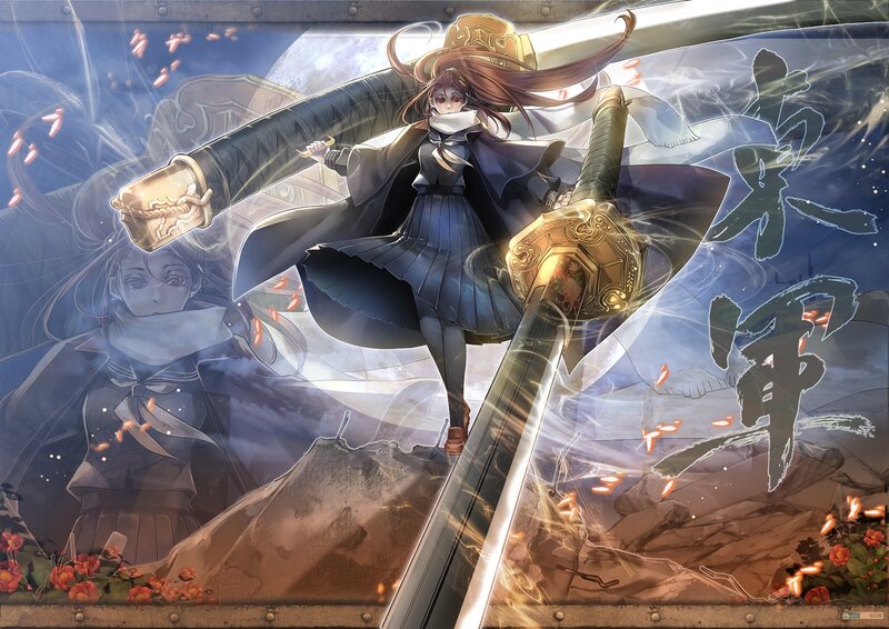 Anime Girl with Swords — Blue, Dramatic, Night, Manga