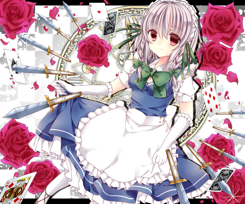 Anime Girl with Swords — Blue, Dramatic, Roses