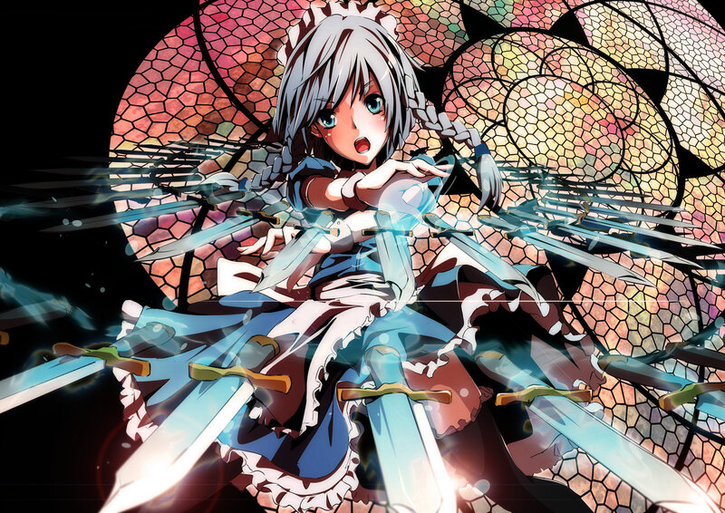 Anime Girl with Swords — Blue, Dramatic, Stained Glass