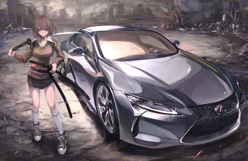 Anime Girl with Swords — Gray, Dramatic, Digital Art, Car