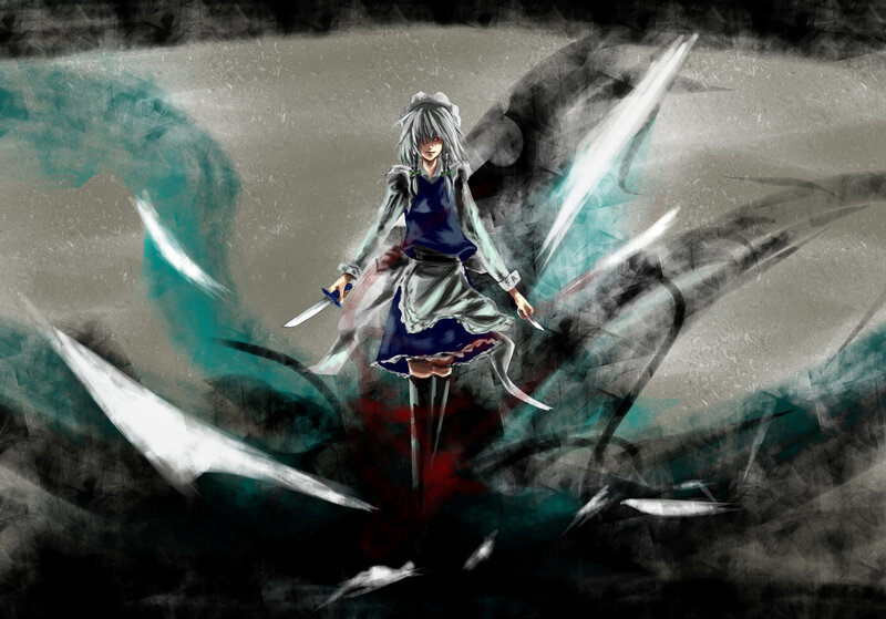 Anime Girl with Swords — Gray, Dramatic, Digital Art, Wings