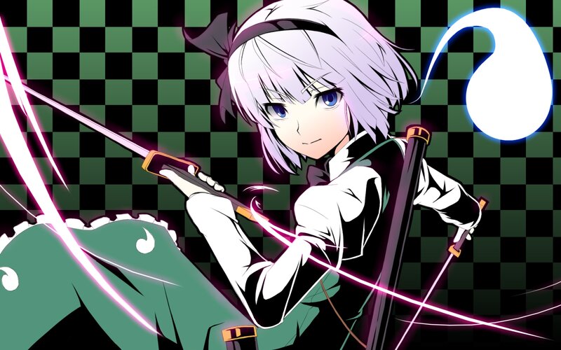 Anime Girl with Swords — Green, Dramatic, Checkered Background