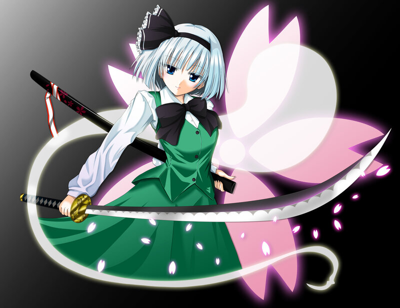 Anime Girl with Swords — Green, Dramatic, Cherry Blossoms
