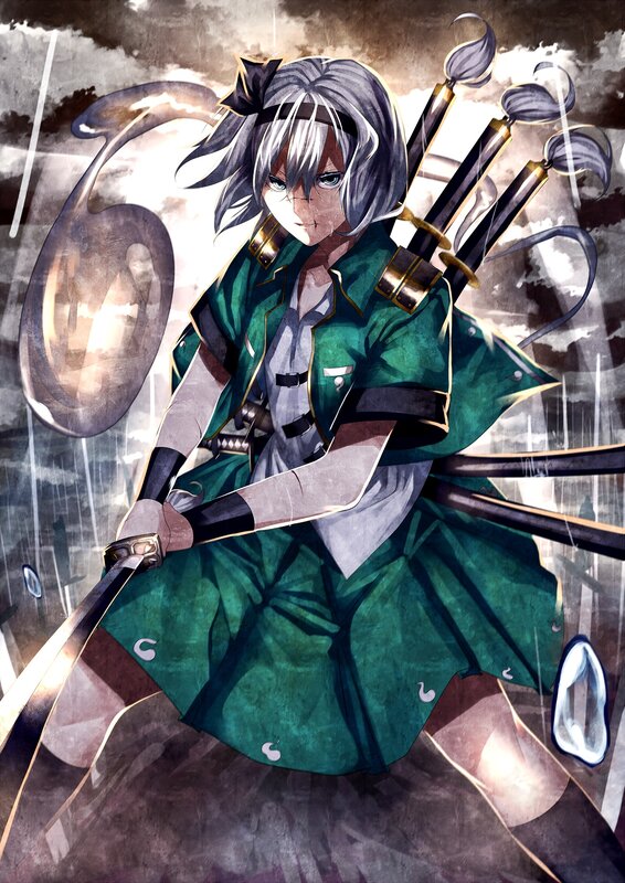Anime Girl with Swords — Green, Dramatic, Digital Art, Rain
