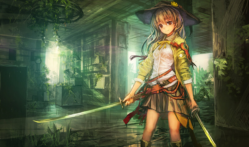 Anime Girl with Swords — Green, Dramatic, Digital Art