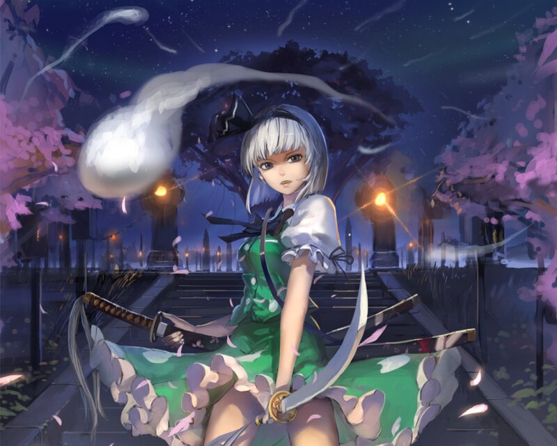 Anime Girl with Swords — Green, Dramatic, Night, Digital Art, Cherry Blossoms