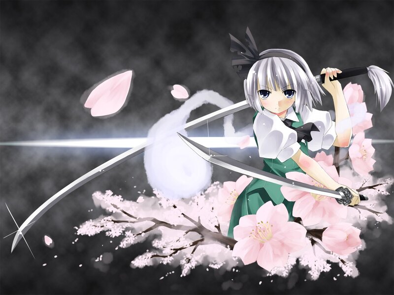 Anime Girl with Swords — Green, Dramatic, Spring, Cherry Blossoms