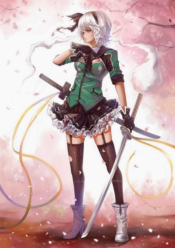 Anime Girl with Swords — Green, Dramatic, Spring, Digital Art