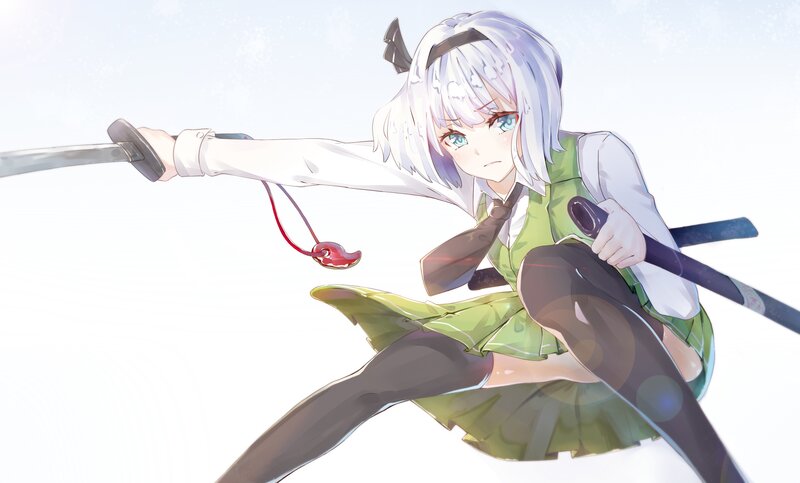 Anime Girl with Swords — Green, Dynamic, Digital Art