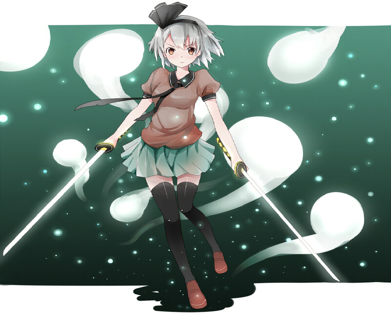 Anime Girl with Swords — Green, Dynamic, Night