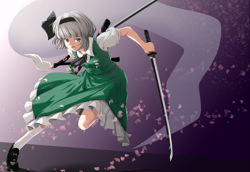 Anime Girl with Swords — Green, Dynamic, Spring, Petals