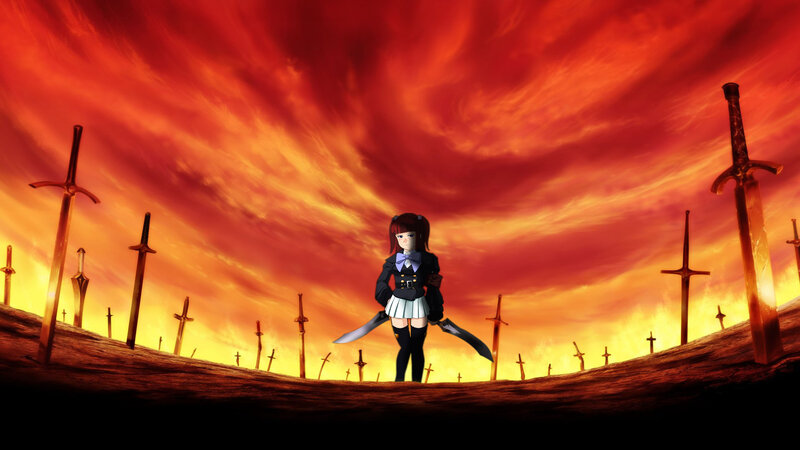 Anime girl with swords in a field